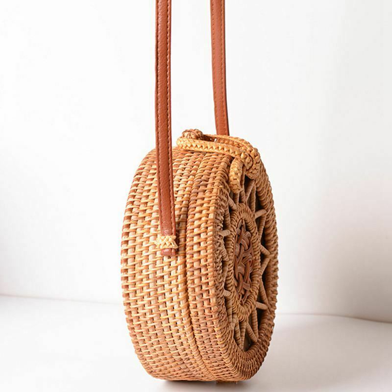 Woven Rattan Bag Round Straw Shoulder Bag Small Beach Handbags Women Summer B2R7