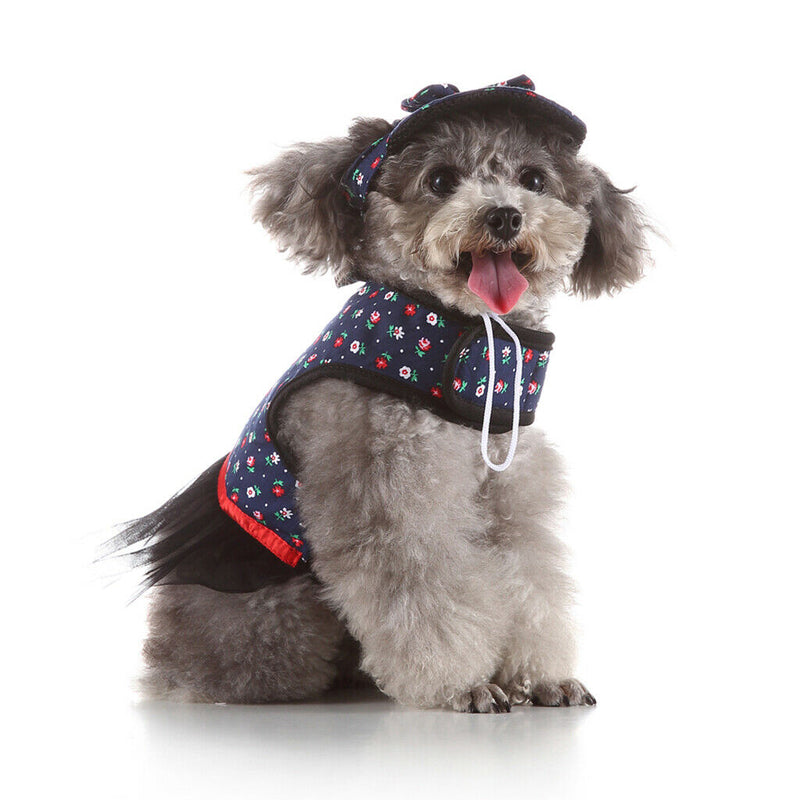 Pet Dog Vest Harness with Hat Pet Costume Party Clothes Blue Dot Flower-M