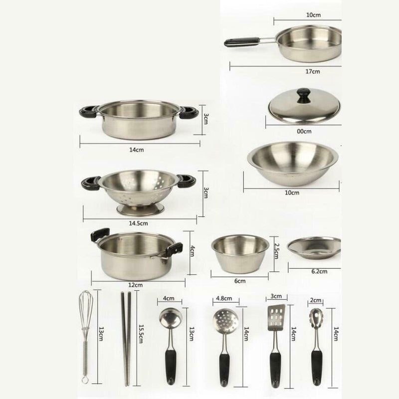 20x Kitchen Pretend Play Toys Stainless Steel Cookware Pots and Pans Set