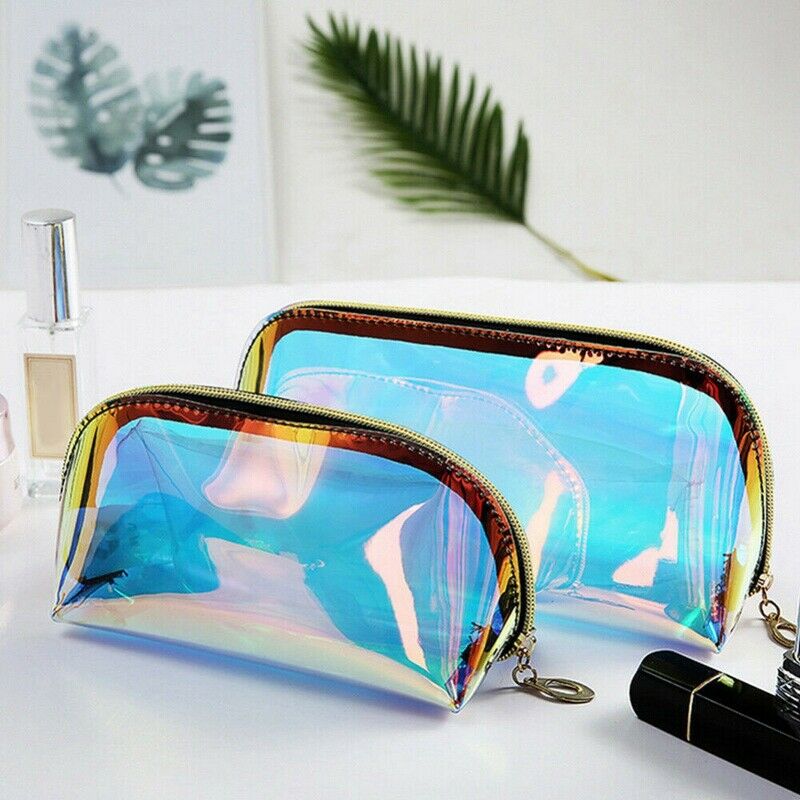 2Pcs Multifunctional Makeup Bag Iridescent Holographic Clear Cosmetic Bag L J6H3