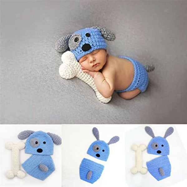 Cute Baby Hat Pants & Bone Set Crochet Knit Dog Costume Photo Photography Prop