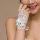 Elegant White Wedding Fingerless  Gloves Lace Applique Short Rhinestone  GGM