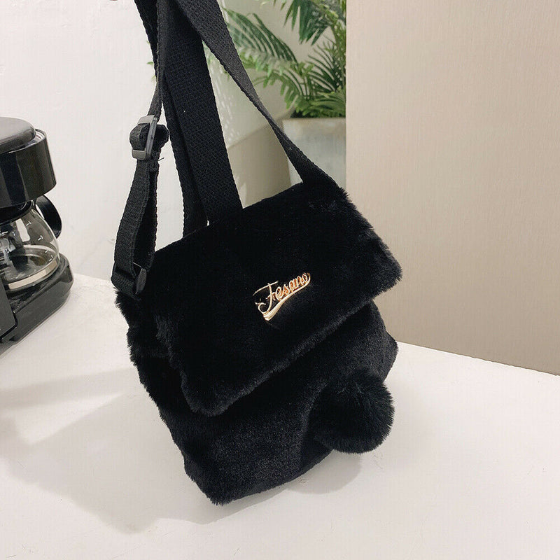 Plush Rabbit Tail Messenger Bag Women Solid Street Shoulder Satchel (Black)
