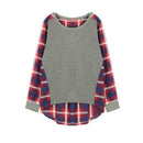 Autumn Casual Women Blouses O-neck Plaid Splicing Loose Tops (Grey)(S)