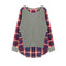 Autumn Casual Women Blouses O-neck Plaid Splicing Loose Tops (Grey)(S)