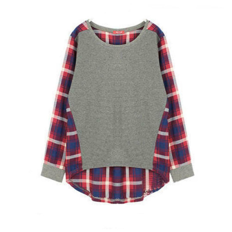 Autumn Casual Women Blouses O-neck Plaid Splicing Loose Tops (Grey)(S)