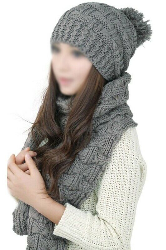 Women's Winter Knitted Scarf and Hat Set Thicken Skullcaps-gray E6H1