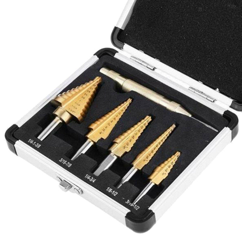 6PCS Steel Step Drill Hex Shank Set with Aluminum Case,Double Cutting Blades &