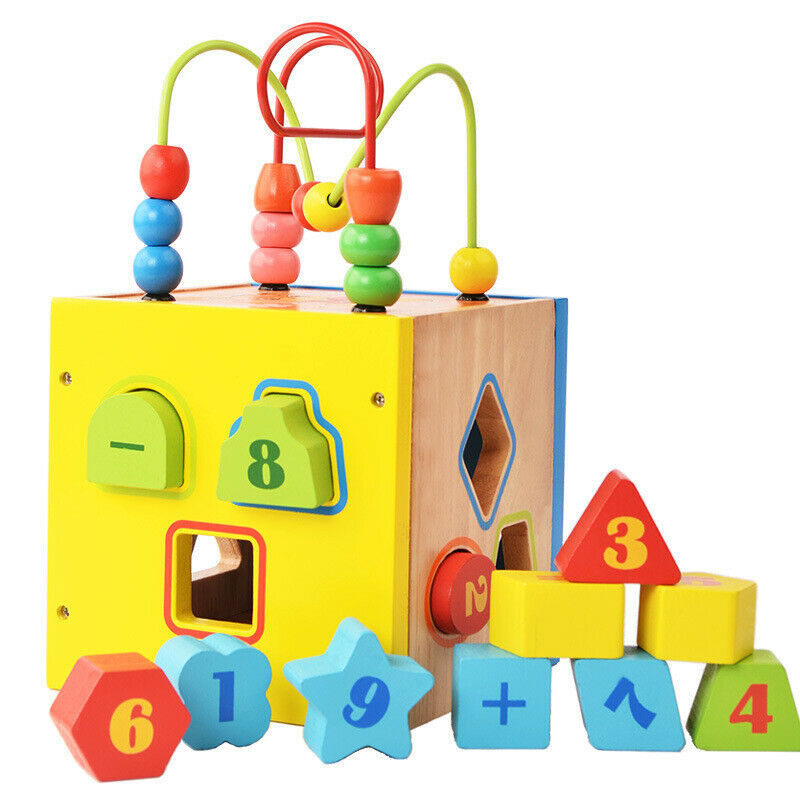 Activity Cube Toys Baby Montessori  Educational Wooden Bead Maze Shape Sorter