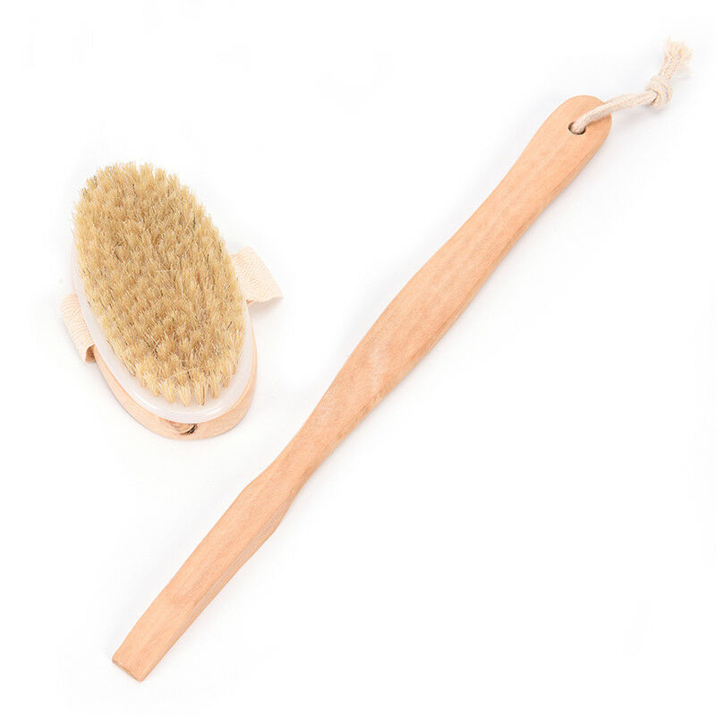 Bath body brush boar bristles exfoliating body massager with long wooden hanJ 3C