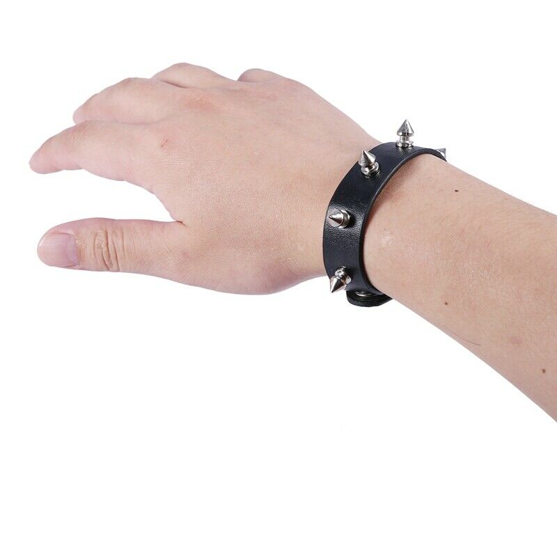 Press Stud Buckle Spike Studs Decor Black Faux Leather Wristband for Men La
