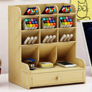 Wood Color Multi-Function Wood 13 Grids Desktop Stand Holder Cosmetic Brush