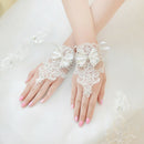 Elegant White Wedding Fingerless  Gloves Lace Applique Short Rhinestone  GGM