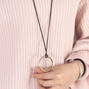 Women Ethnic Bronze Hollow Alloy Circle Pendant Sweater Necklace Jewelry