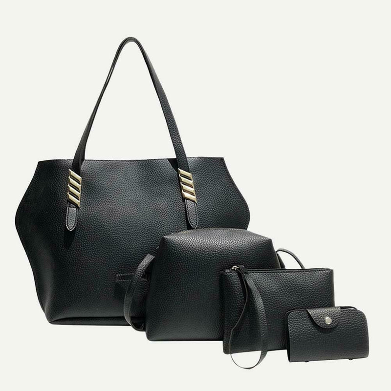 4pcs/set Solid Color Totes Women Leather Shoulder Card Bags Clutch (Black)