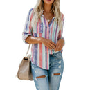 Women Fashion Lapel Long Sleeve Color Striped Print Button Down Shirt Ladie