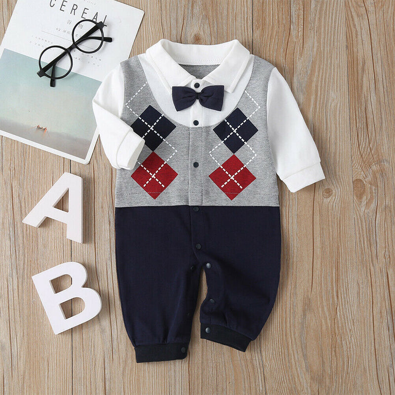 Cute Faux Two Piece Autumn Baby Romper Boys Cute Bow Tie Playsuit (18-24M) A
