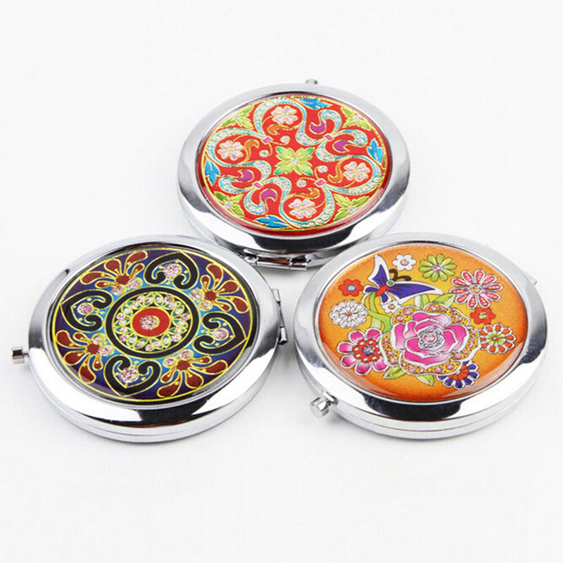 Crystal Folding Round Pocket Compact Makeup Cosmetic Mirror Portable Useful BX