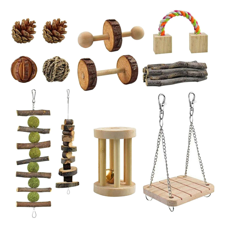 12Pc Guinea Pig Toys Wooden Dumbells Exercise Bell Roller Fun Pet Balls Supplies