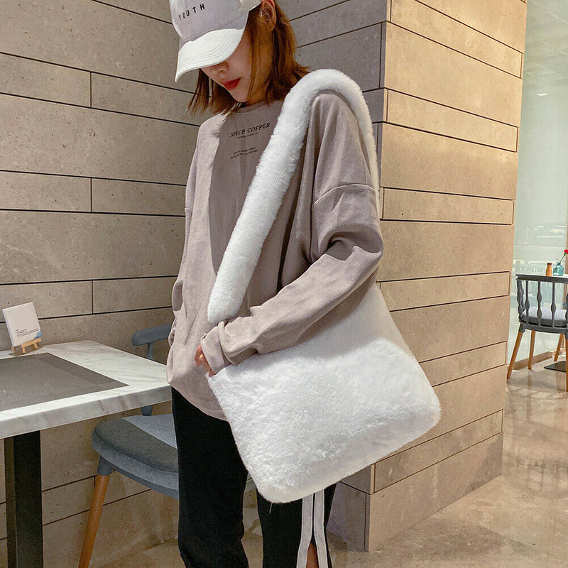 Women Plush Messenger Bag Big Capacity Fluffy Shoulder Handbags (White)