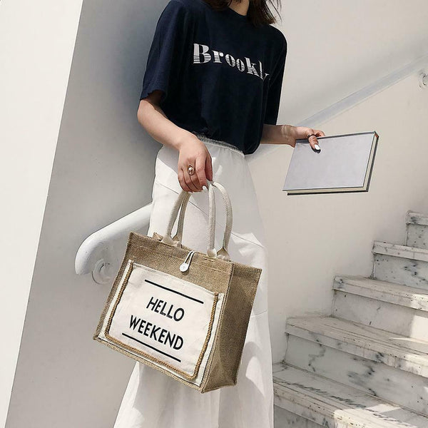 Women Linen Tote Casual Shoulder Bags Fashion Lady Print Handbags (White L) A#S