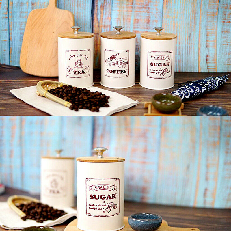 3pcs Retro Tea Coffee Sugar Canister Container Jar Pots Tins Iron w/ Lids