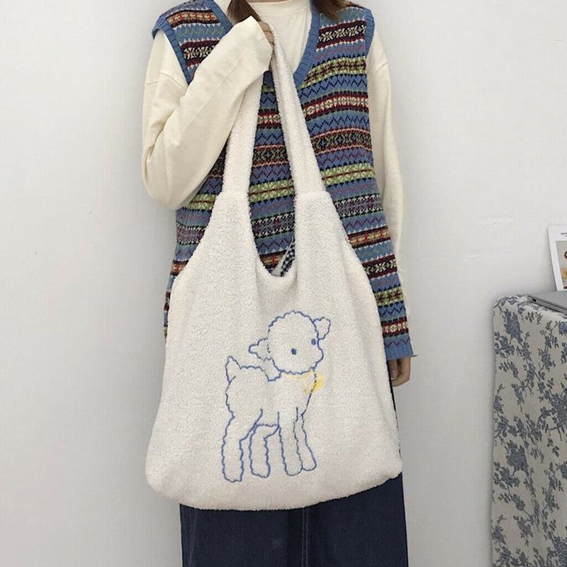 Fleece Shoulder Bag Women Sheep Print Handbag Winter Fuzzy Crossbody Satchel