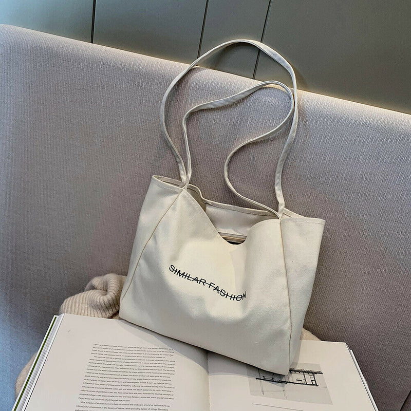 Fashion Large Capacity Shoulder Bag Canvas Handbag Shopping Totes (White)