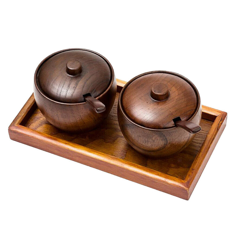 Wood Seasoning Pot Seasoning Bottles with Spoon and Storage Tray Kitchen