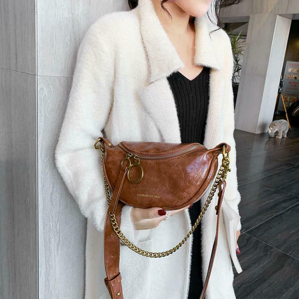 Fashion Leather Crossbody Bags Women Chain Shoulder Travel Handbag (Brown)