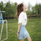 Embroidery Letter Print T-shirts Women O-neck Flare Sleeve Tees Tops (M)
