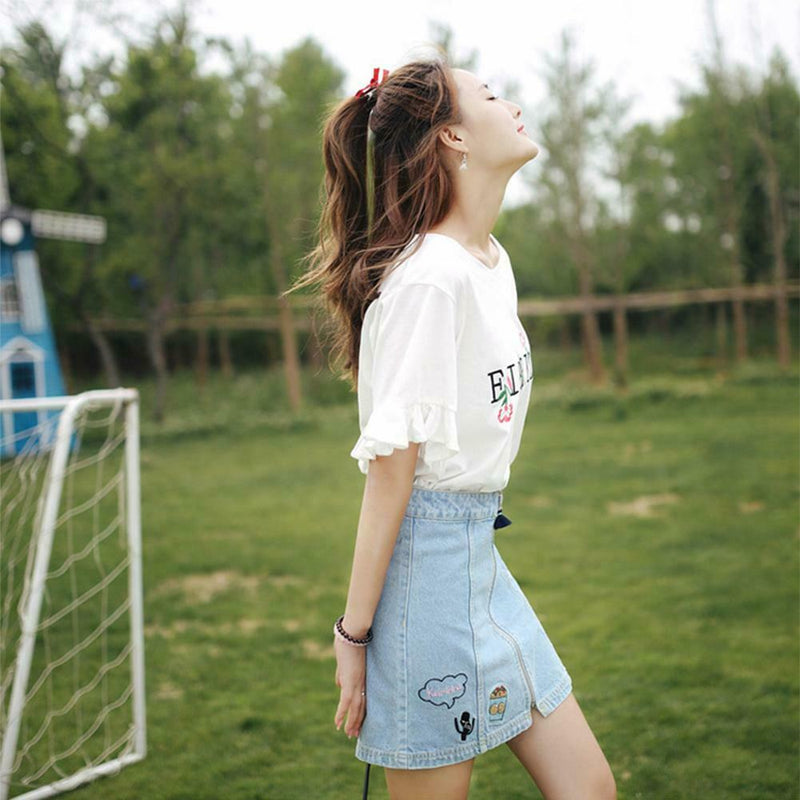 Embroidery Letter Print T-shirts Women O-neck Flare Sleeve Tees Tops (M)