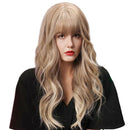 Women Girls Light Blonde Long Wave Wigs with Neat Bangs, Natural Long Curly Heat