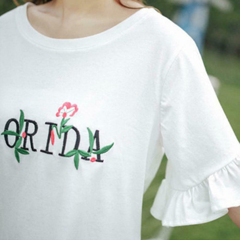 Embroidery Letter Print T-shirts Women O-neck Flare Sleeve Tees Tops (M)