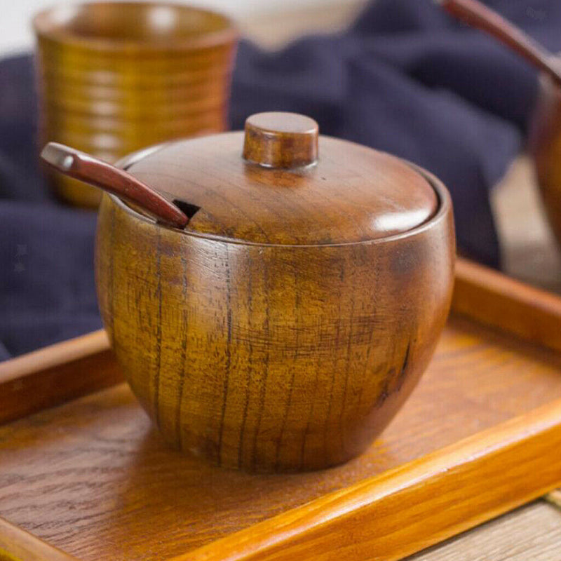 Wood Seasoning Pot Seasoning Bottles with Spoon and Storage Tray Kitchen