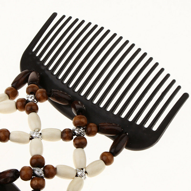 2 Pack Elastic Double Clips Hair Comb  Wooden Beads Stretching
