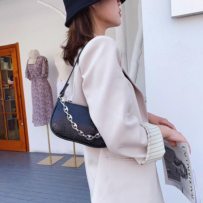 Alligator Pattern Shoulder Totes Bag Women Leather Chain Handbag (Black)