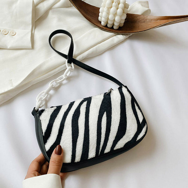 Plush Handbags Female Zebra Print Shoulder Underarm Bag Chain Purses (3)