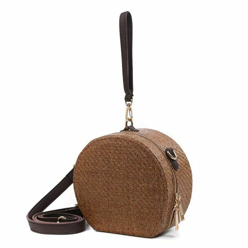Round Rattan Bag Woven Straw Purse Circle Handmade Wicker Basket Bag A7N5