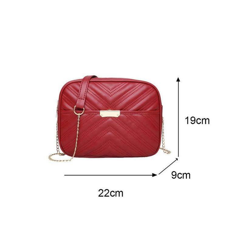 Women Simple Leather Crossbody Bag Chain Shoulder Messenger Handbag (Red) A