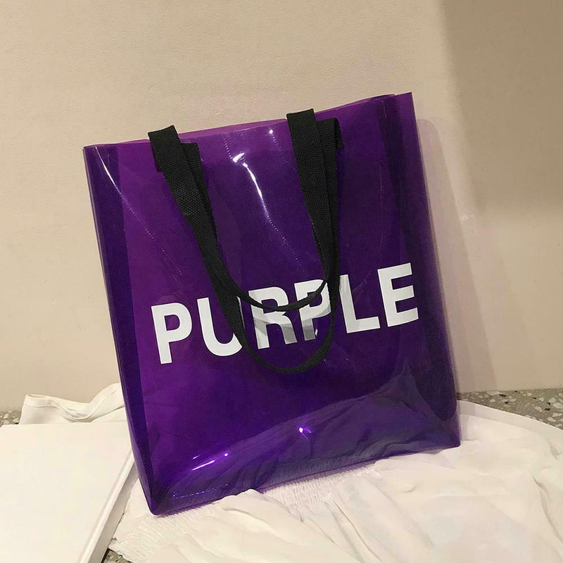 Transparent PVC Shopping Tote Women Shoulder Beach Travel Handbags (Purple)