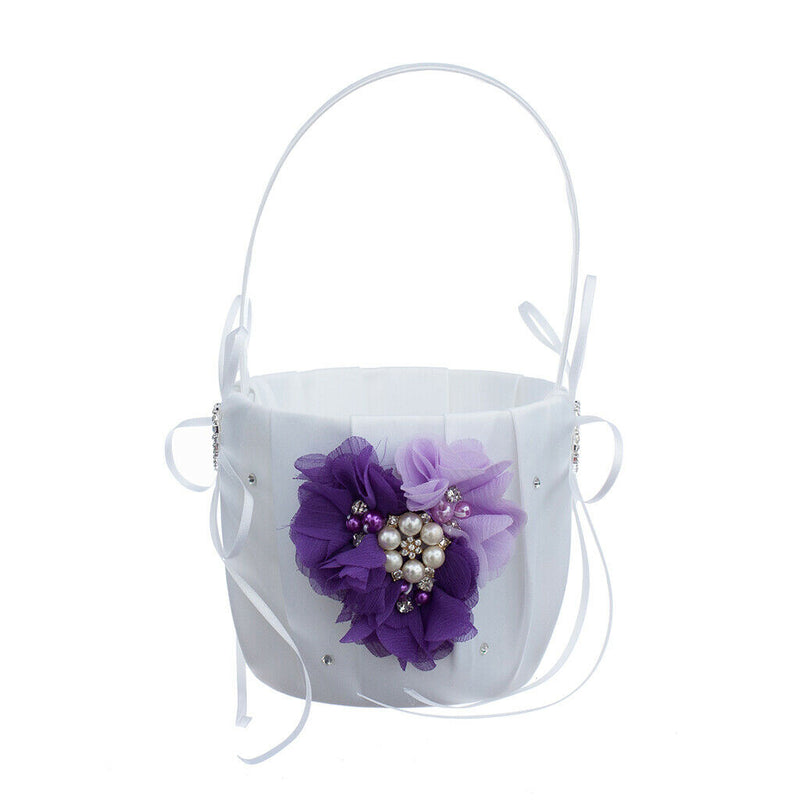 1 Set Purple Flower Pearls Diamante Ring Bearer and Flower Girl Basket