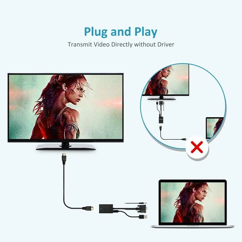 VGA To HDMI Output 1080P HD Audio TV AV HDTV Video Cable Converter Adapter W5S1