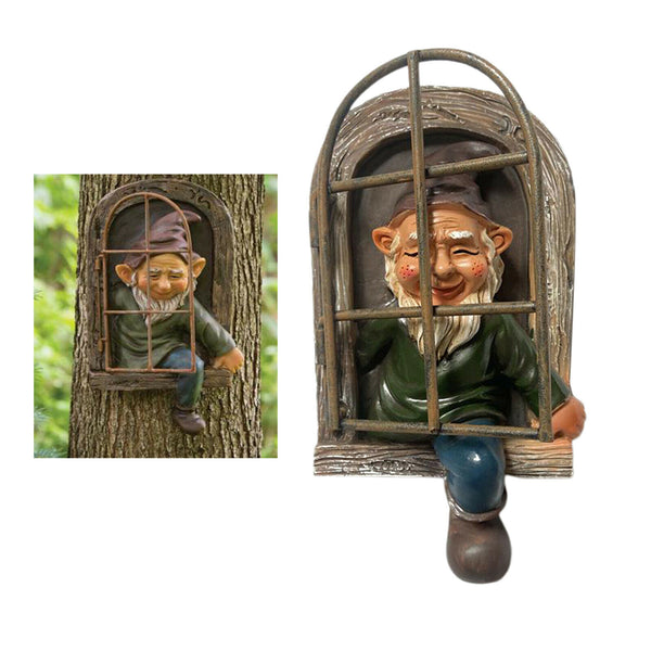 Wall Sculpture Garden Gnome Statue Outdoor Elf Out The Door / Window Tree Hugger