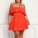 Plus Size Off Shoulder Boat Neck Women Dress Frill Pure Color Dresses (XL) A