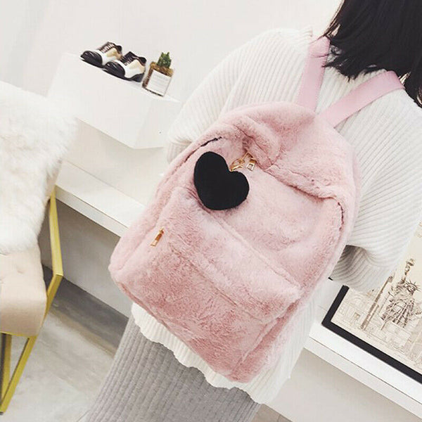 Women Soft Faux Fur Plush Backpack Shoulder Bag Fluffy School Bag with Hear N8C9