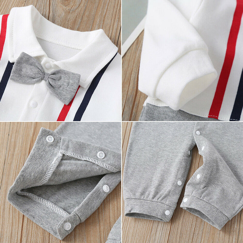 Baby Boys Autumn Cotton Cartoon Print Rompers Cute Bow Tie Playsuit (0-6M) A