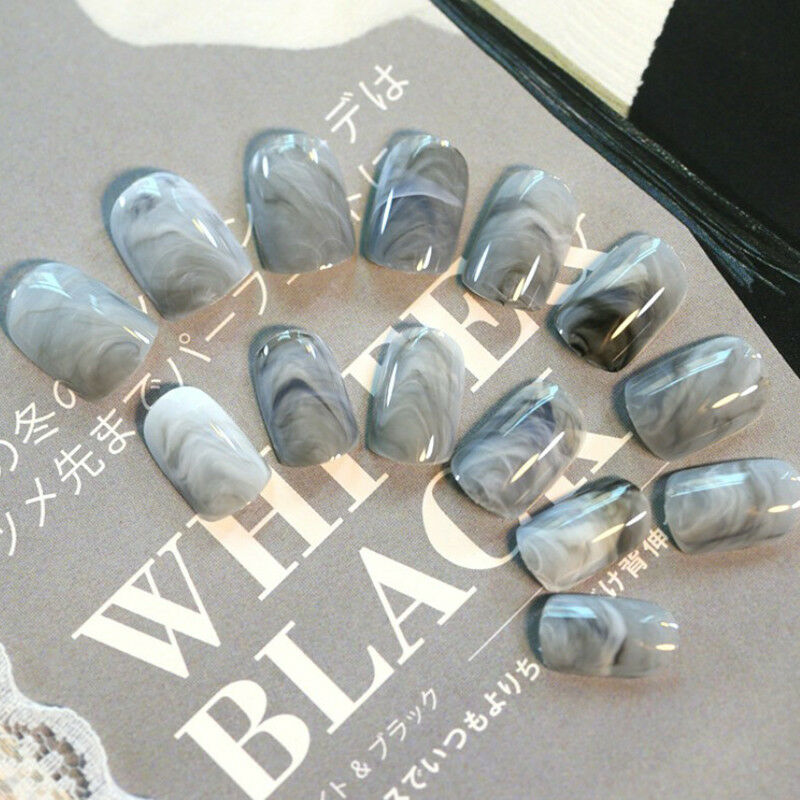 24 pcs Grey Marble fingernail tips Short False Nails Acrylic Full Cover New Hot