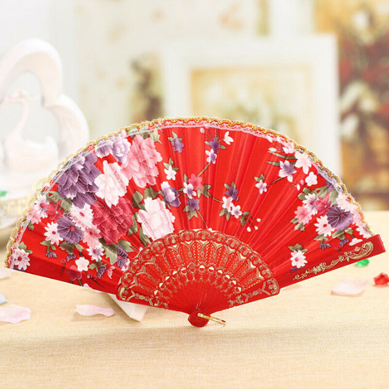 Folding Fan Chinese Flower Lace Silk Hand Held Fan Wedding Dancing Party Gift Ew