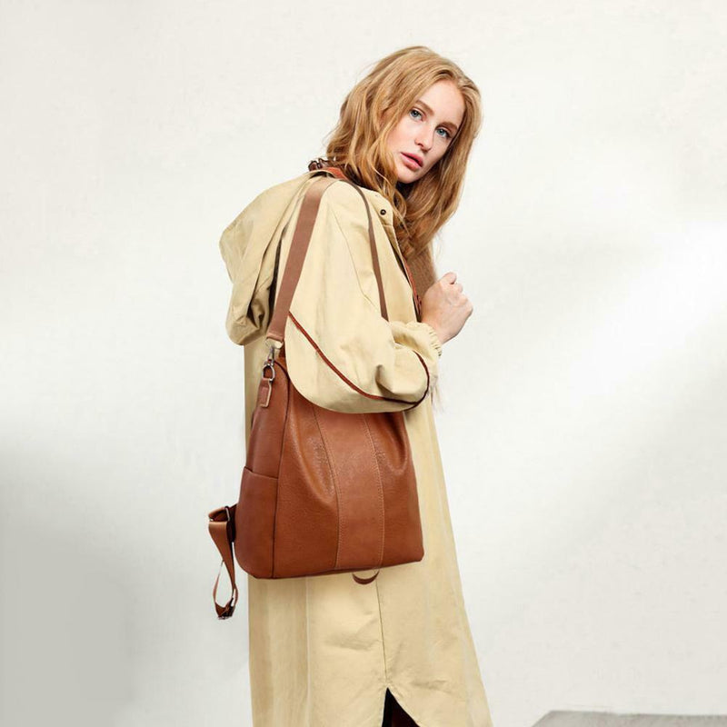 Women Backpack PU Leather School Shoulder Bag Casual Rucksacks (Brown) SN9F